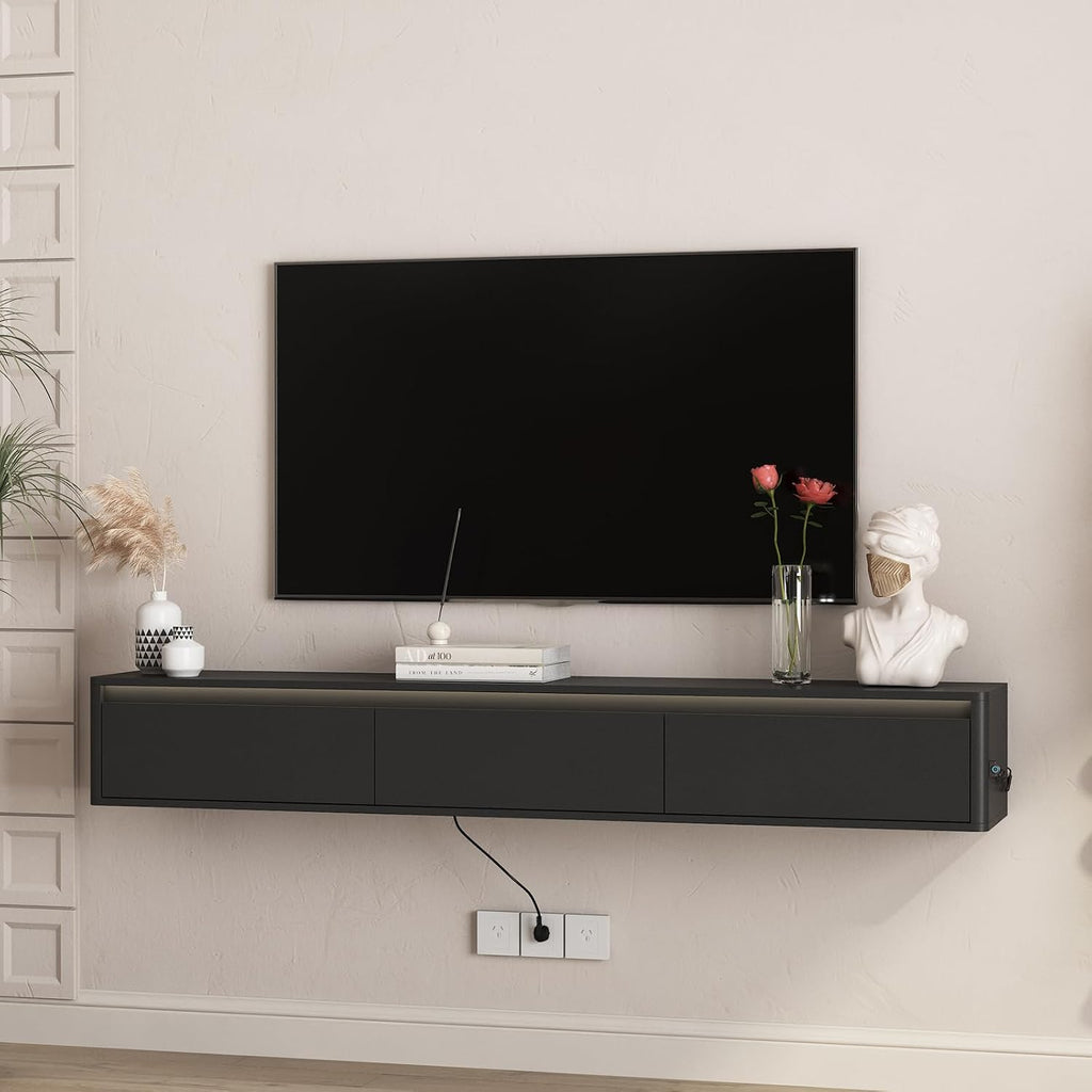 Floating TV Stand, Wall Mounted TV Shelf with LED Lights & Power Outlet, 69' Modern Entertainment Center Media Console with Storage, High Gloss TV Cabinet for Living Room（Black）