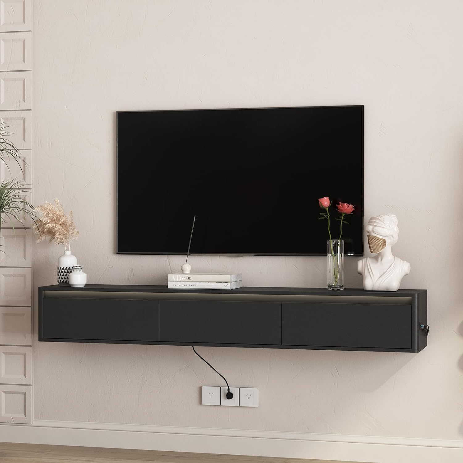 Floating TV Stand, Wall Mounted TV Shelf with LED Lights & Power Outlet, 69' Modern Entertainment Center Media Console with Storage, High Gloss TV Cabinet for Living Room（Black）