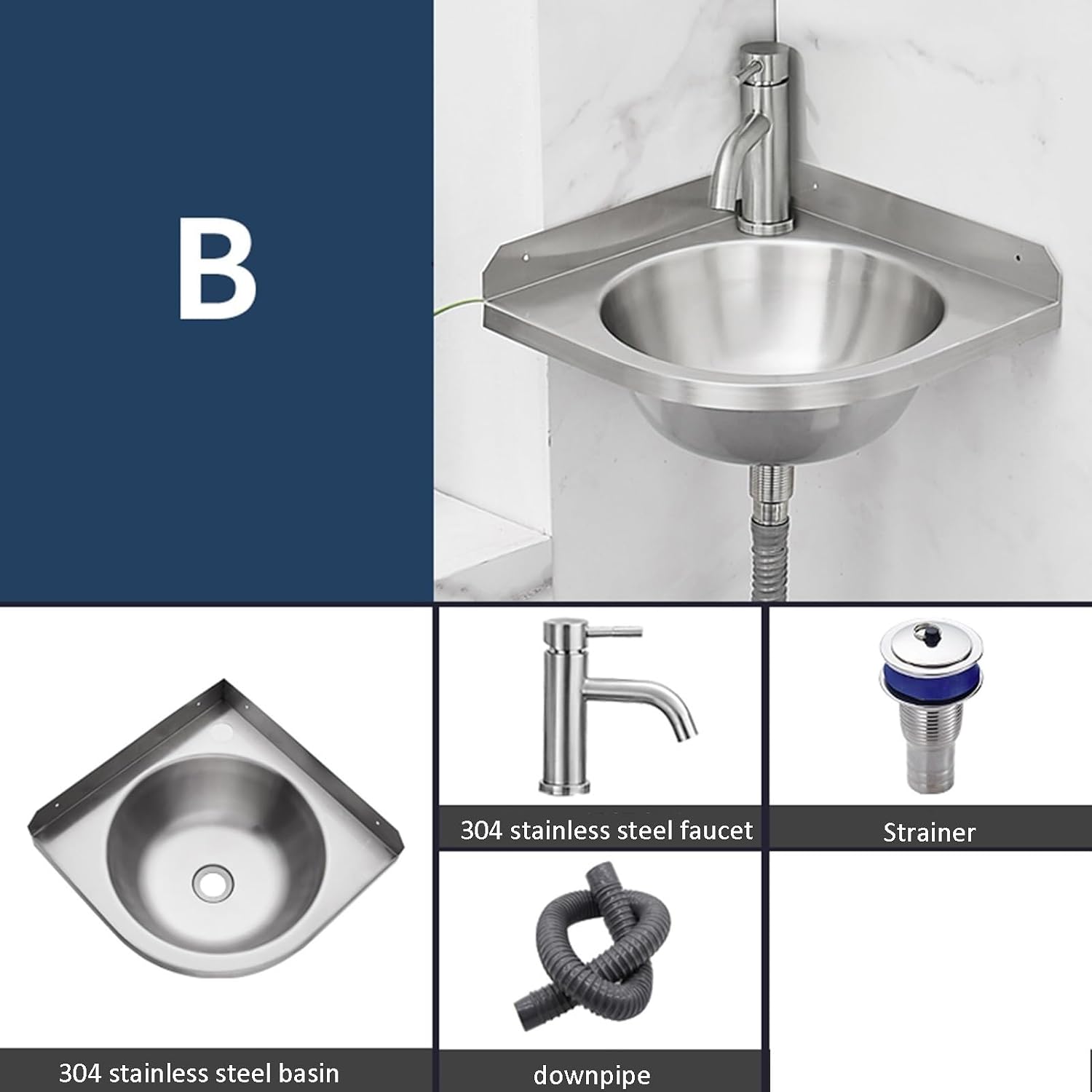 Stainless Steel Single Bowl Sink with Faucet, 3.9IN Deep Wall-Mounted WashBasin, Space-Saving, Easy to Clean,Small Sink Corner for Kitchen Bathroom (Color : Silver, Size : E) (Silver B)