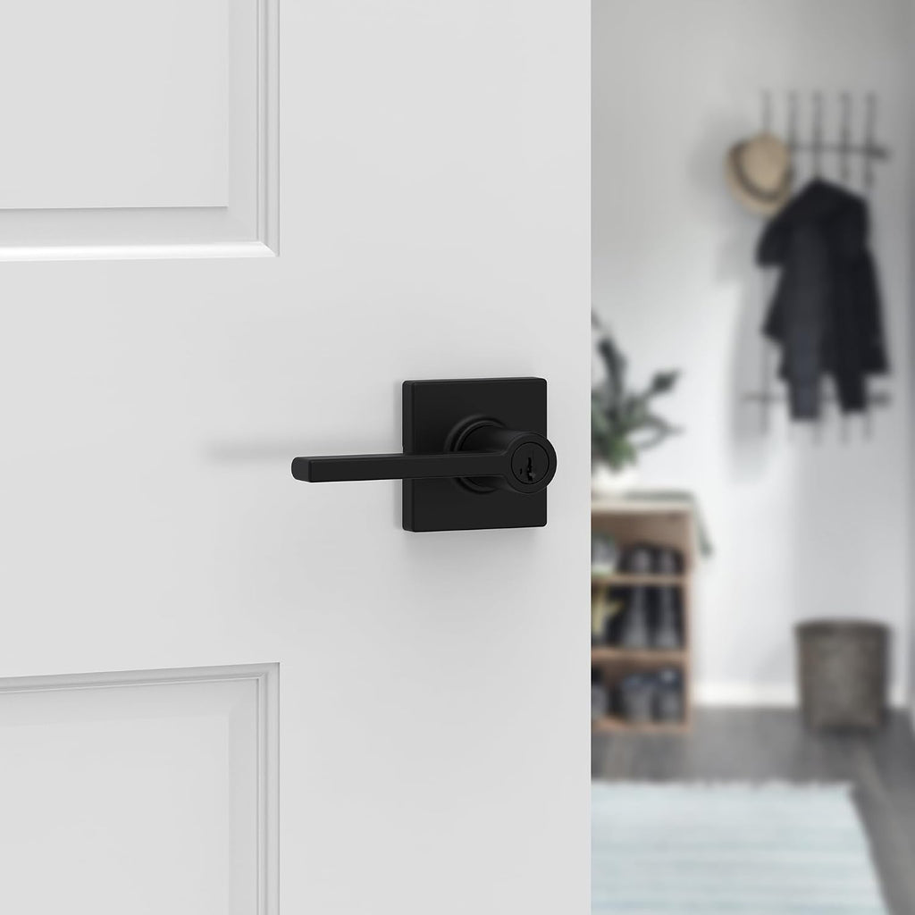 Kwikset Casey Entry Door Handle with Lock and Key, Secure Keyed Reversible Lever Exterior, for Front Entrance and Bedrooms, Matte Black, 10 Pack, Pick Resistant SmartKey Rekey Security and Microban