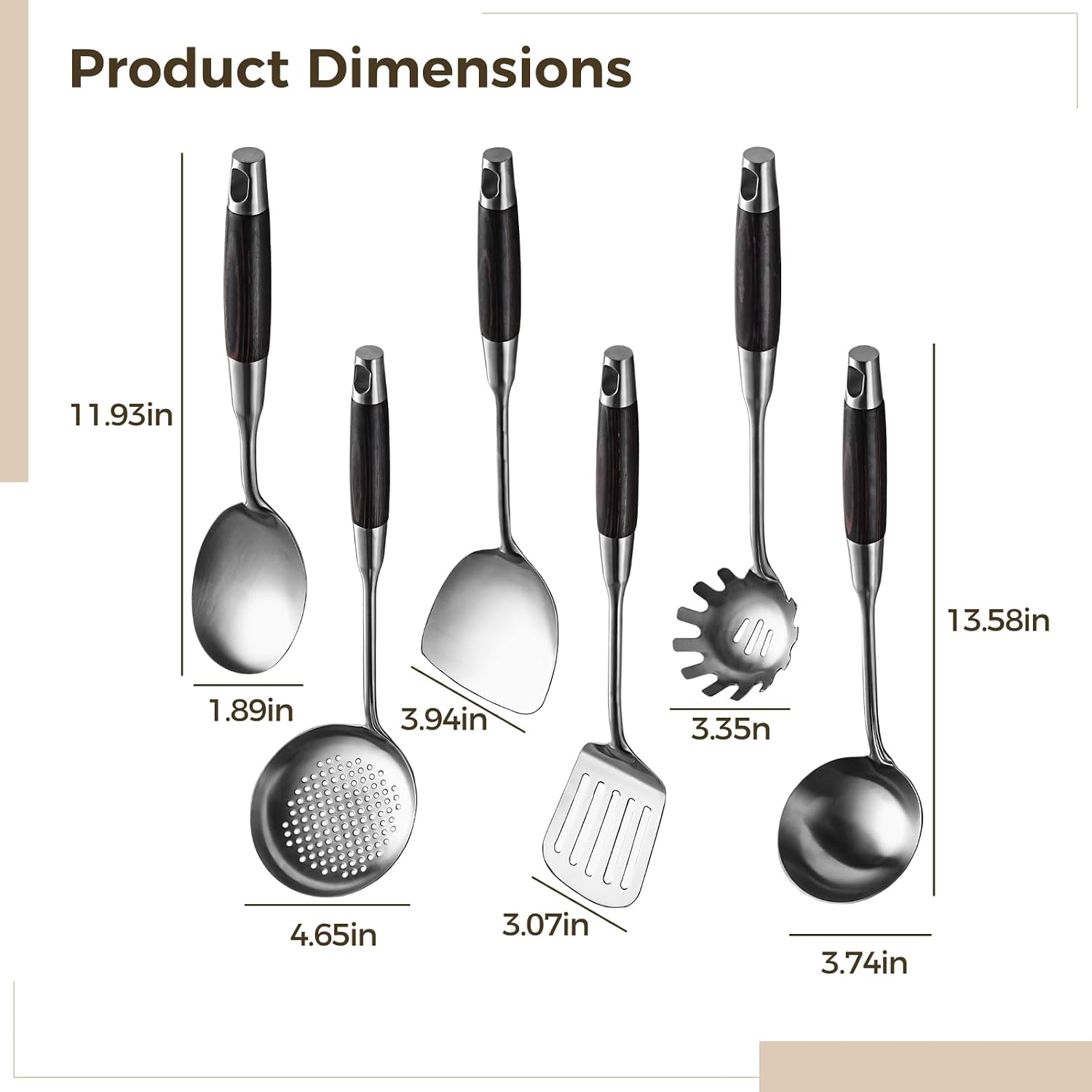 6-Piece Kitchen Utensil Set, Stainless Steel with Black Ebony Wood Handles, Nonstick, for All Cooking Surfaces