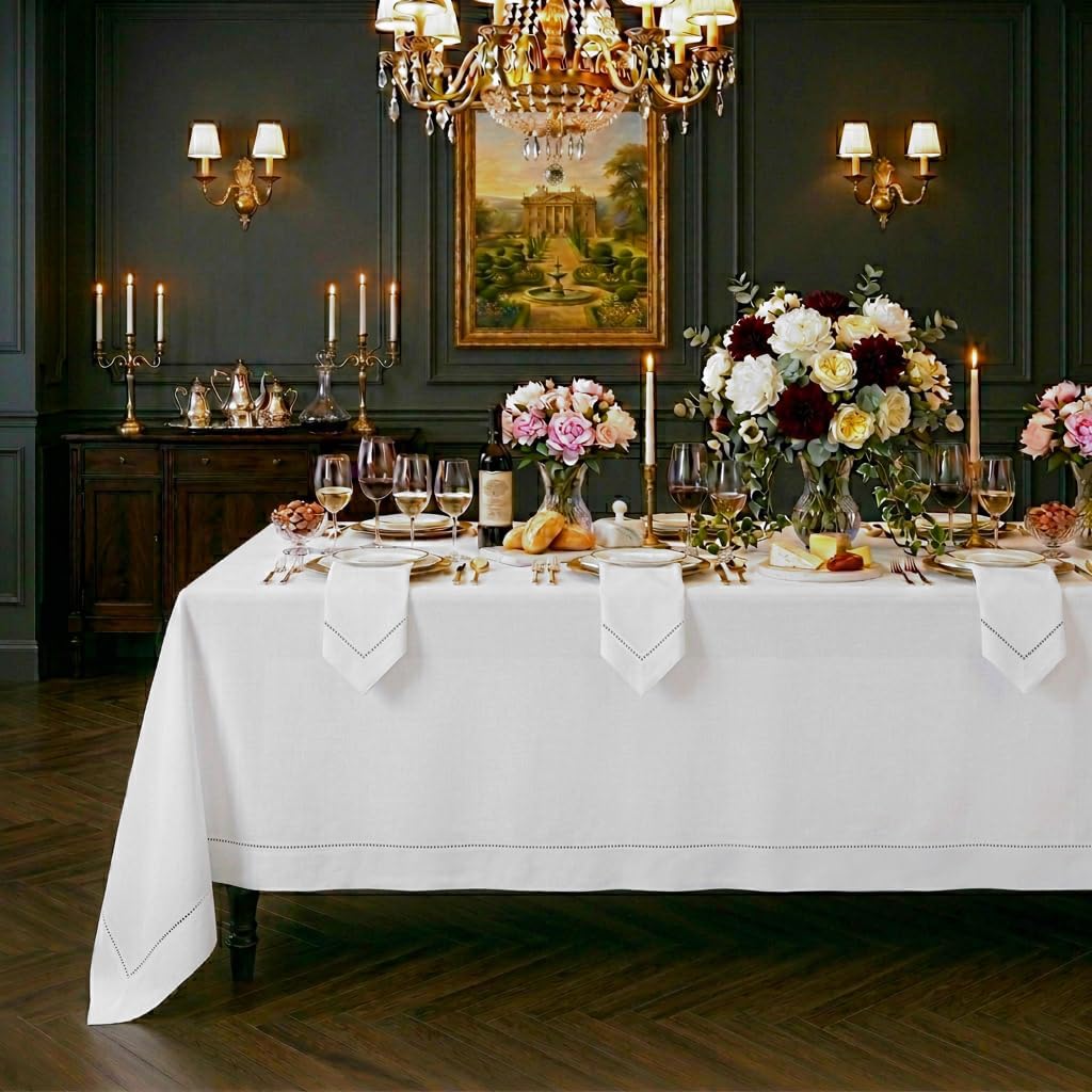 Signature Linen™ by D'Moksha White Tablecloth, Rectangle Tablecloth 60 x 108 Inch, 100% Pure Linen, Hemstitch, Machine Washable Table Cloth for Dining- Summer