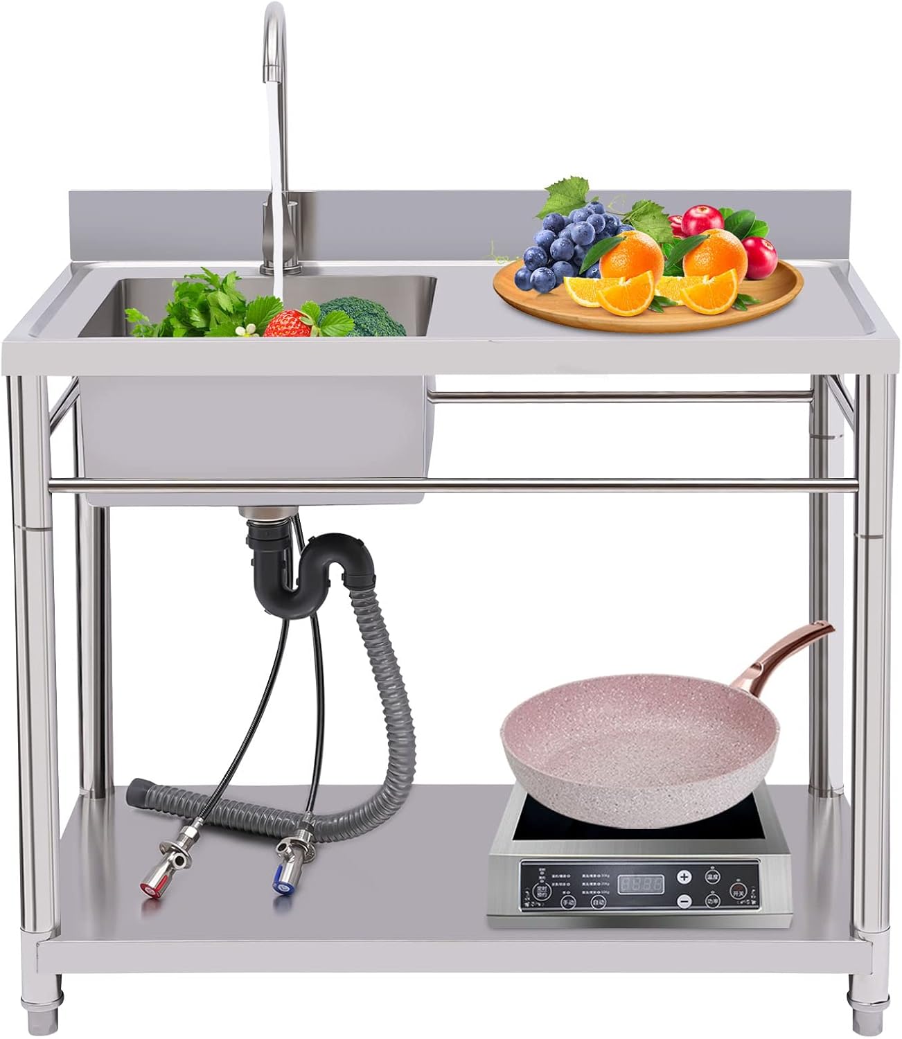 Stainless Steel Sink Single Bowl Commercial Utility Sink Free Standing Kitchen Sinks with Cold and Hot Water Faucets for Kitchens, Garage, Laundry Room (39.4'W x 19.7'Dx 31.5'H)