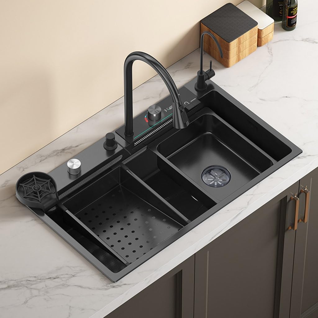 Single Bowl Siphon Sink with Cup Washer Faucet Drain Basket Large Size Single Bowl Sink Stainless Steel Digital Waterfall Flume Kitchen Embedded Sink Easy t(80 * 45 * 21Cm
