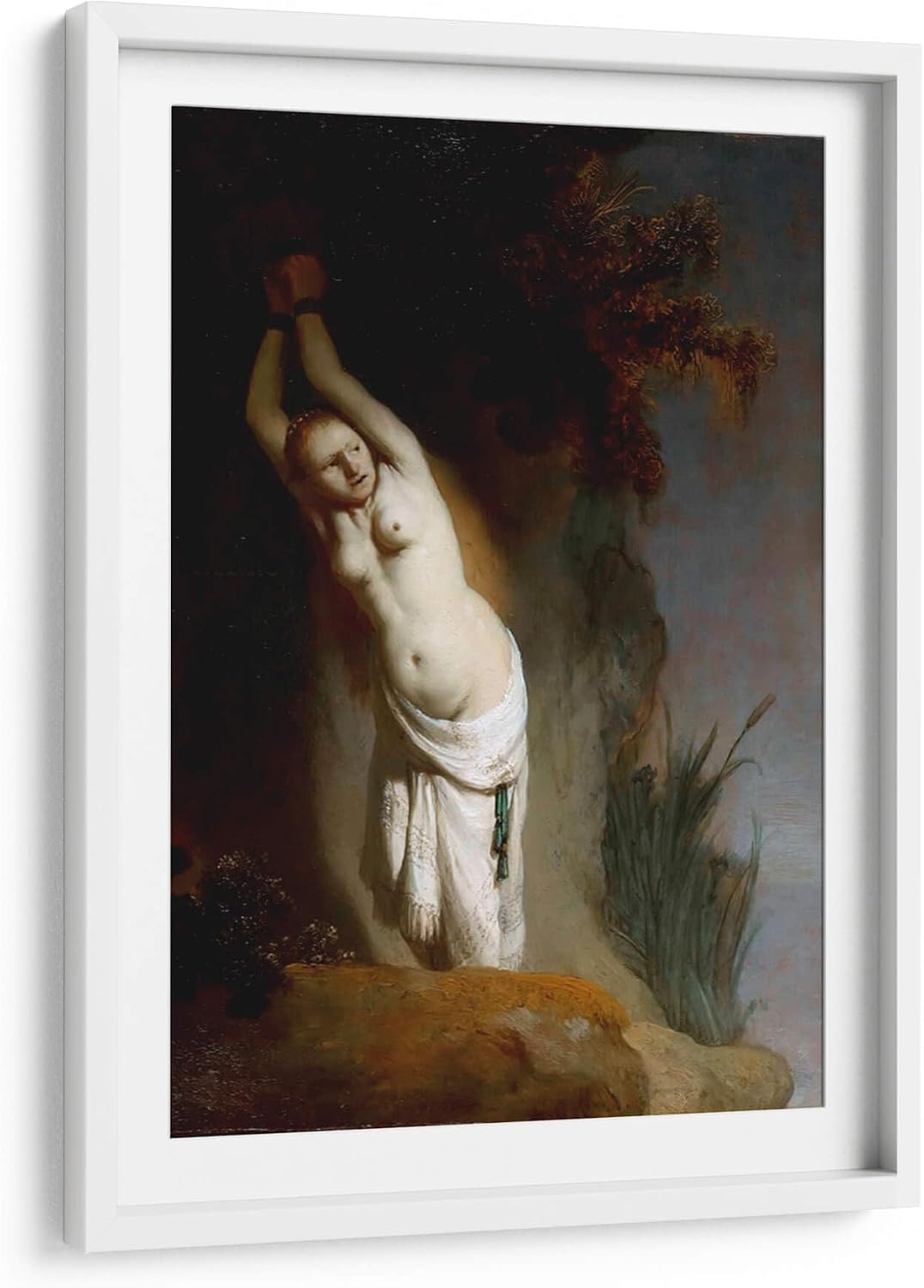 Canvas Lab | Andromeda Chained to the Rocks by Rembrandt van Rijn | 19 x 29 in | Fine Art Framed Print, Frame Color: White, With Mat | Classical art, Baroque