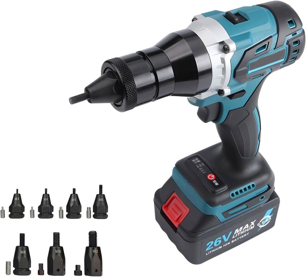 Rivet Gun Automatic Riveter Rivet Nut Gun Set, Battery Powered Brushless Rivet Nut Tool Kit with 6600mah Battery, Suitable for M3–m12 Rivet Nuts(6.6Ah)