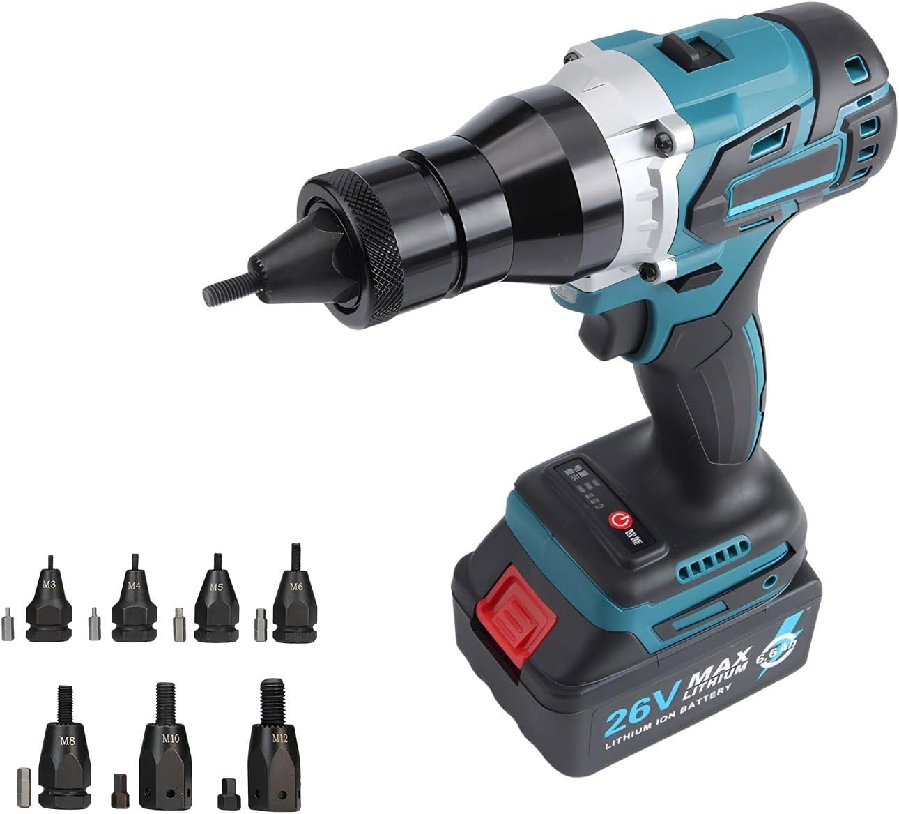 Rivet Gun Automatic Riveter Rivet Nut Gun Set, Battery Powered Brushless Rivet Nut Tool Kit with 6600mah Battery, Suitable for M3–m12 Rivet Nuts(6.6Ah)