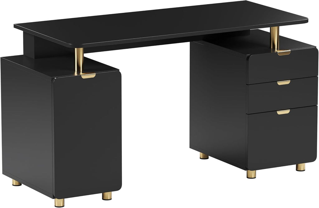 Elegant 57' W Executive Desk with 3 Drawers and Storage Cabinet, Modern Office Desk with Gold Accents, Floating Work Surface, Closed Storage with Ventilation & Adjustable Shelf (Black,Gold)