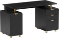 Elegant 57' W Executive Desk with 3 Drawers and Storage Cabinet, Modern Office Desk with Gold Accents, Floating Work Surface, Closed Storage with Ventilation & Adjustable Shelf (Black,Gold)