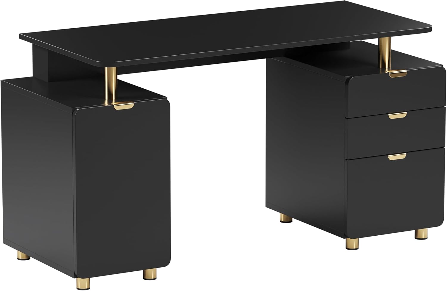 Elegant 57' W Executive Desk with 3 Drawers and Storage Cabinet, Modern Office Desk with Gold Accents, Floating Work Surface, Closed Storage with Ventilation & Adjustable Shelf (Black,Gold)