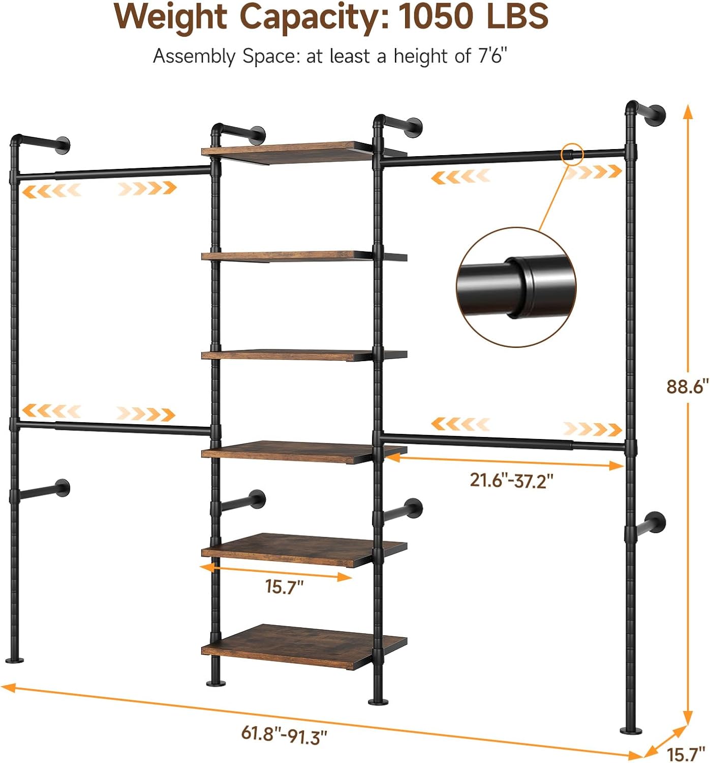 T1 Wall Mounted Closet System, Industrial Pipe Clothing Rack with 6 Wooden Shelves & 4 Telescopic Rods, Heavy Duty Closet Organizers and Storage in Wardrobe Closet (Rustic Brown)
