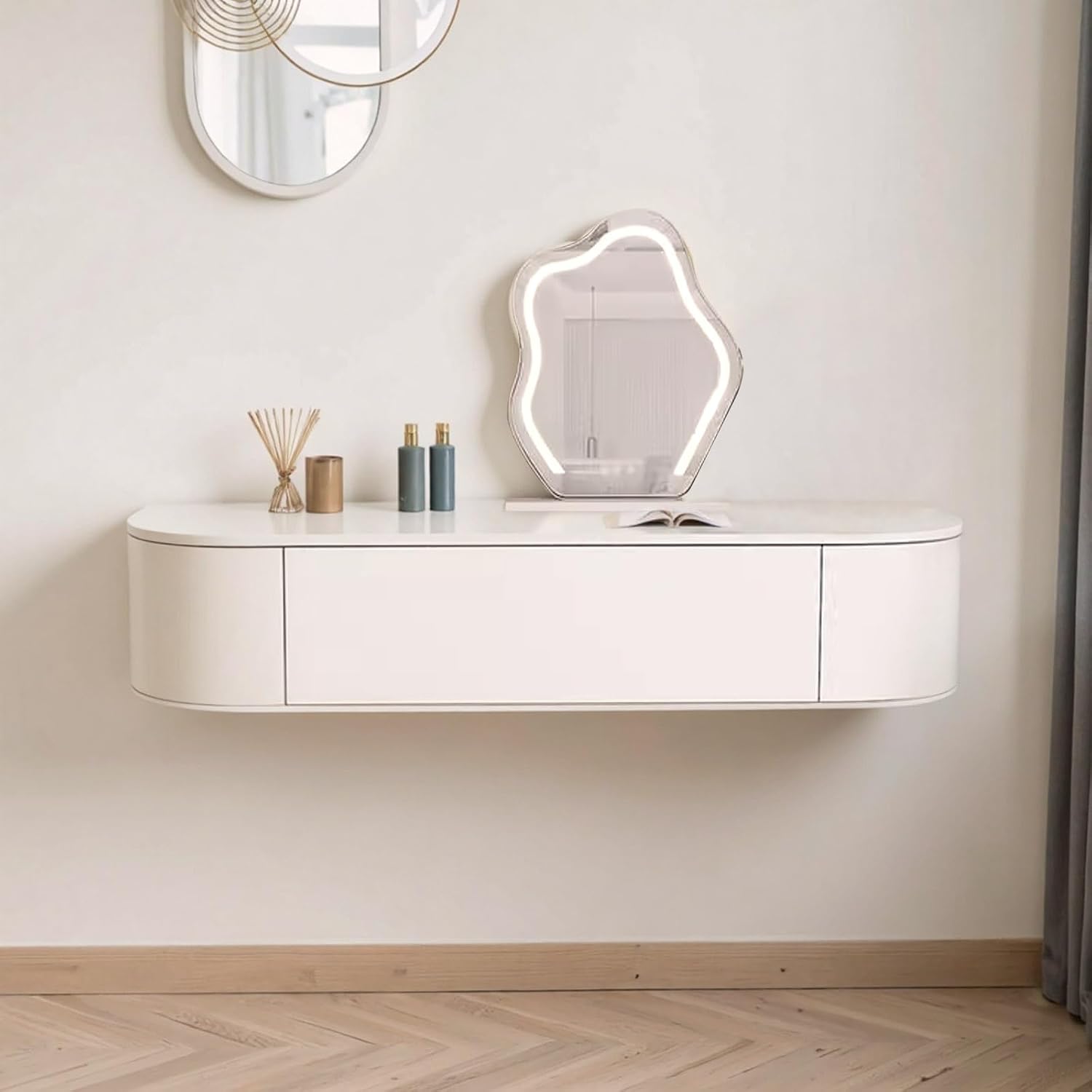 Corner Floating Desk with Drawers, Floating Vanity Makeup Table, Small Wall Mounted Floating Dressing Table Wall Storage Set, Wood Floating Shelf with Drawers, Modern White Vanity with Lighted Mirror(