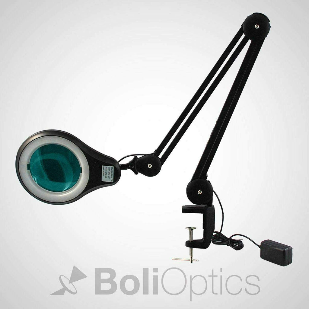 ESD Safe (Glass Lens) Professional LED Magnifying Lamp with Clamp (5 Diopter, 2.25X) Work Light, 4 Brightness Levels, Daylight Bright, 1200 Lumens, 5600K-6000K, Matte Black, BoliOptics MG16303222
