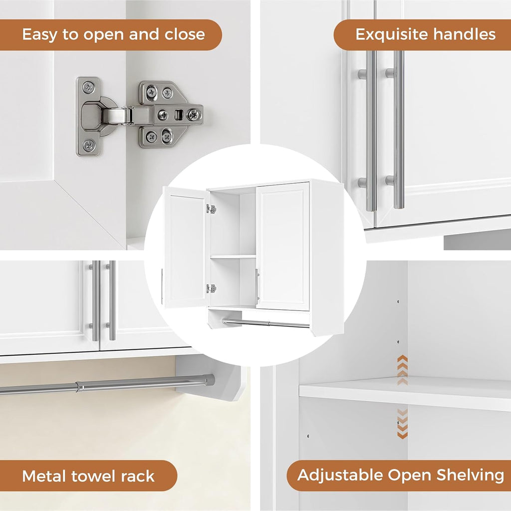59'' Wall Cabinet with Towel Bar, Laundry Room Cabinets Wall Mounted, Bathroom Wall Cabinet, Adjustable Shelf, Shaker Door, White