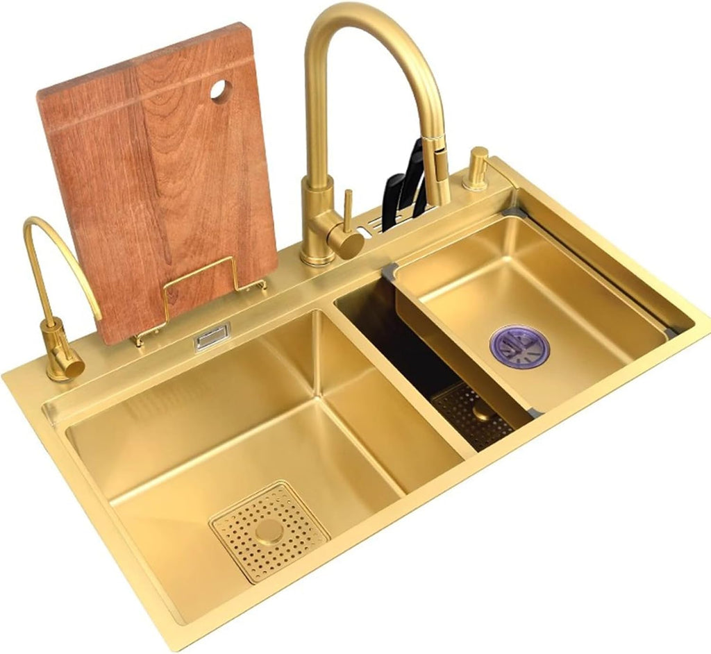 Golden Kitchen Sink Double Bowl Sink 304 Stainless Steel Sink Large Capacity Sink Gold Faucet Complete Accessories (78x46x24cm