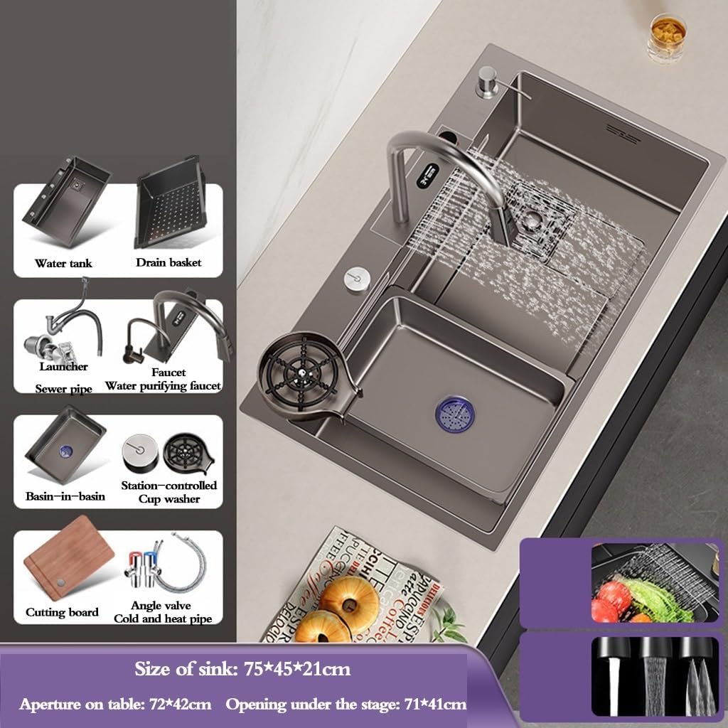Kitchen Sinks, Single Bowl Stainless Steel Kitchen Waterfall Sink Pool Single Bowl Sink Table Basin with Cup Washer Faucet Siphon Home Commercial Beautiful (75 * 45 * 21Cm