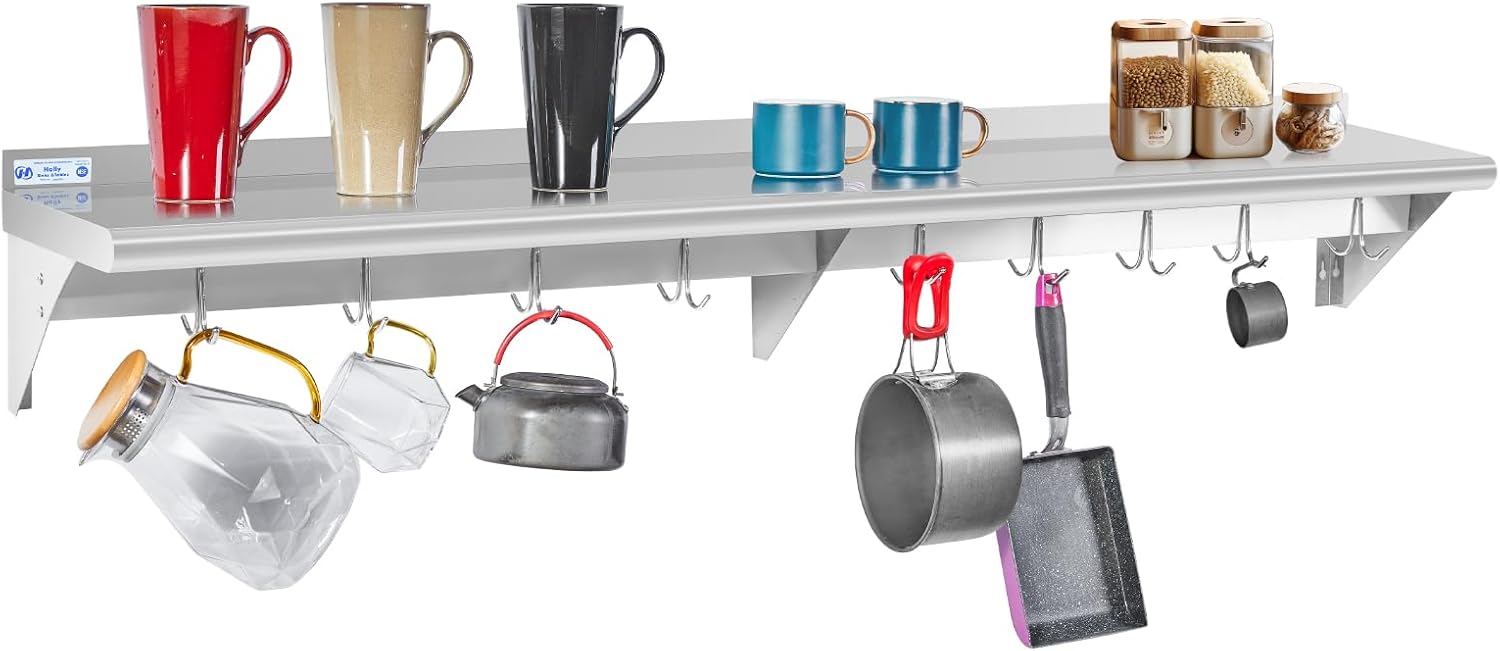 Hally Stainless Steel Shelf with 9 Hooks 12' x 72' Wall Mounted Pot Rack 345lb, NSF Commercial Floating Shelving for Storage Hanging Pots, Pans, cookware in Restaurant, Kitchen, Home and Hotel