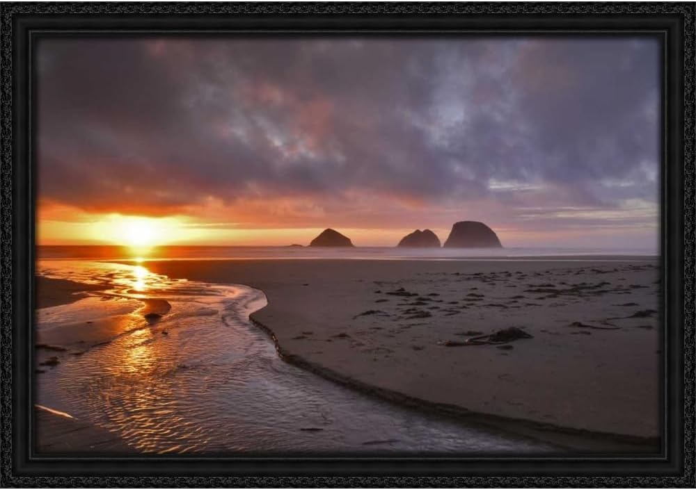 ArtDirect Oregon, Oceanside Sunset on Three Arch Rocks 48x32 Huge Black Ornate Wood Framed Canvas Giclee Art by Terrill, Steve