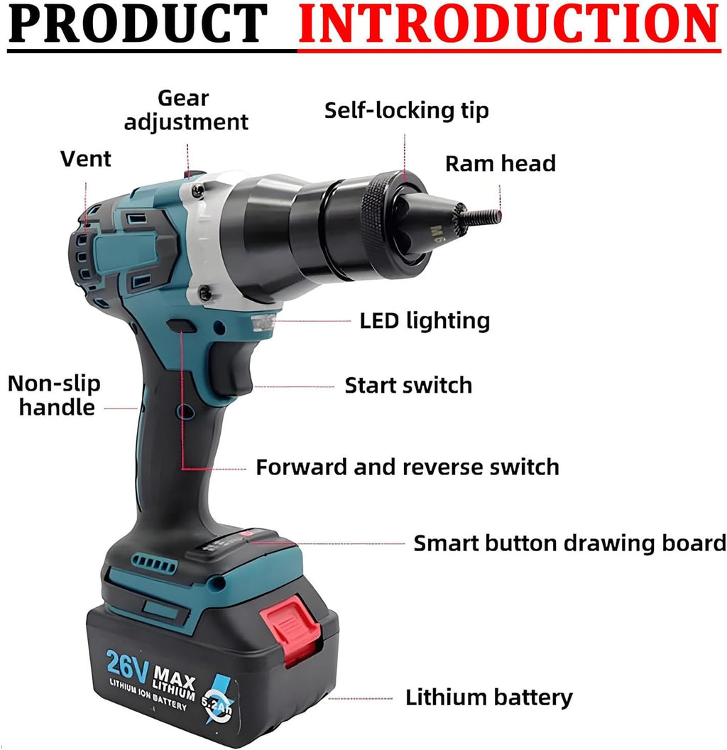 Cordless Rivet Nut Tool Kit Electric Pop Rivet Gun - 26V Portable Auto Riveter with LED Light, Memory Chips, No Cable Limits, 3s Riveting for Professional Mechanics & Metal Workers Baremachine