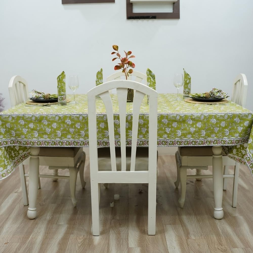 Luxury Aesthetic Traditional 100% Cotton Rectangle Christmas Tablecloth | Gorgeous Green White Brown Colors Intricate Floral Pattern 60'X108' Size | Modern Farmhouse Boho Rustic Festive Fall Decor