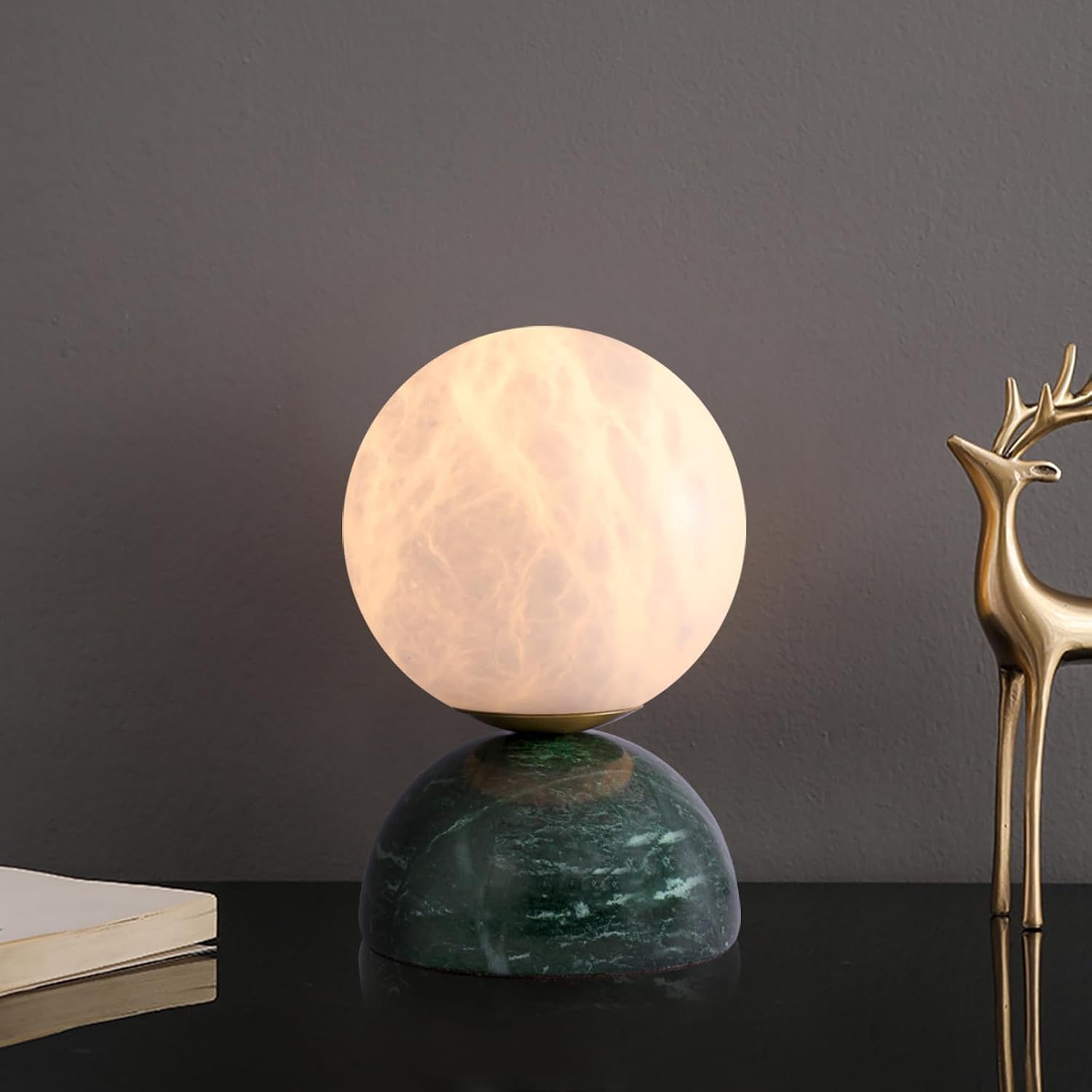 Handcrafted Natural Spanish Alabaster Stone Moon Lamp with Marble Base Elegant LED Night Light Premium Mini Table Lamp for Home, Office, and Luxury Decor
