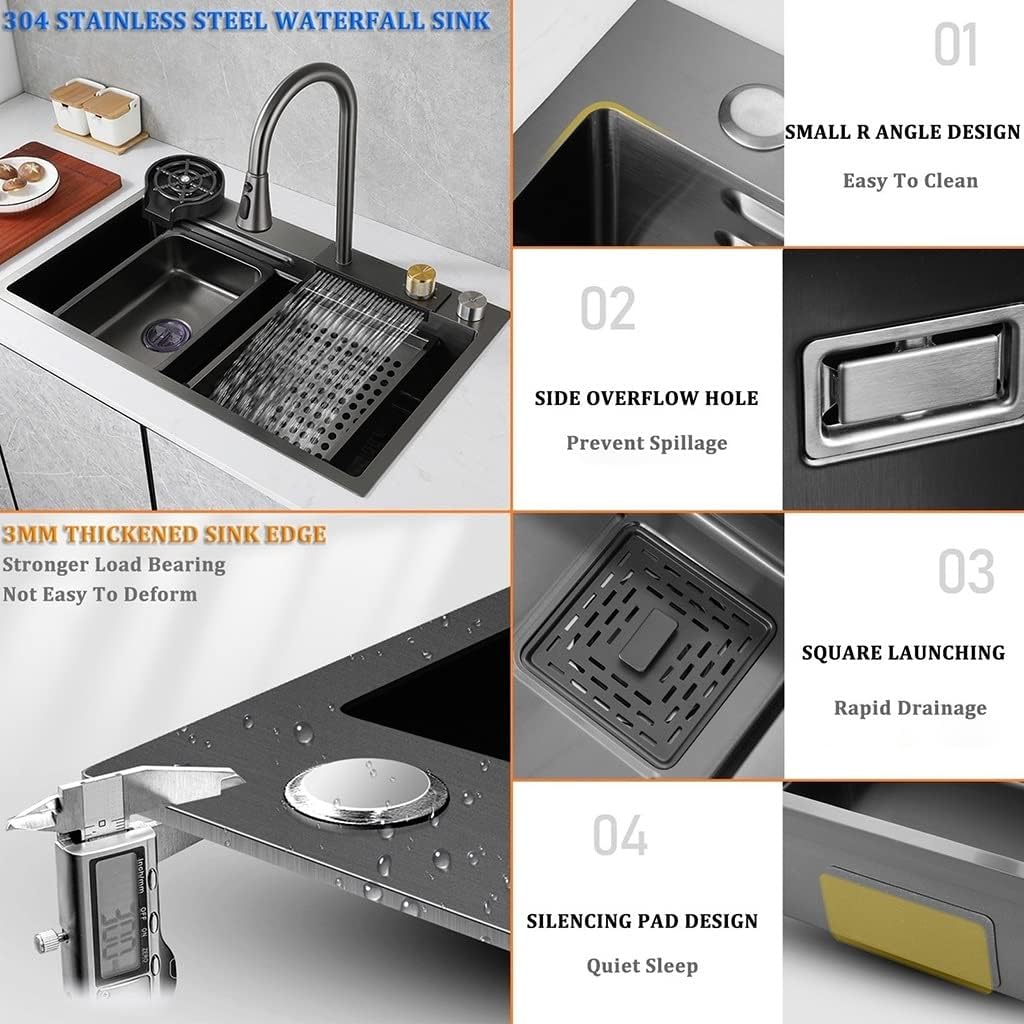 Kitchen Waterfall Sink Stainless Steel Single-Bowl Bar Prep Sink -Coated Workstation Sink with Waterfall Pull-Down Faucet and Cplete Accessory Set (Color : Black, Size : 68x45x21cm)