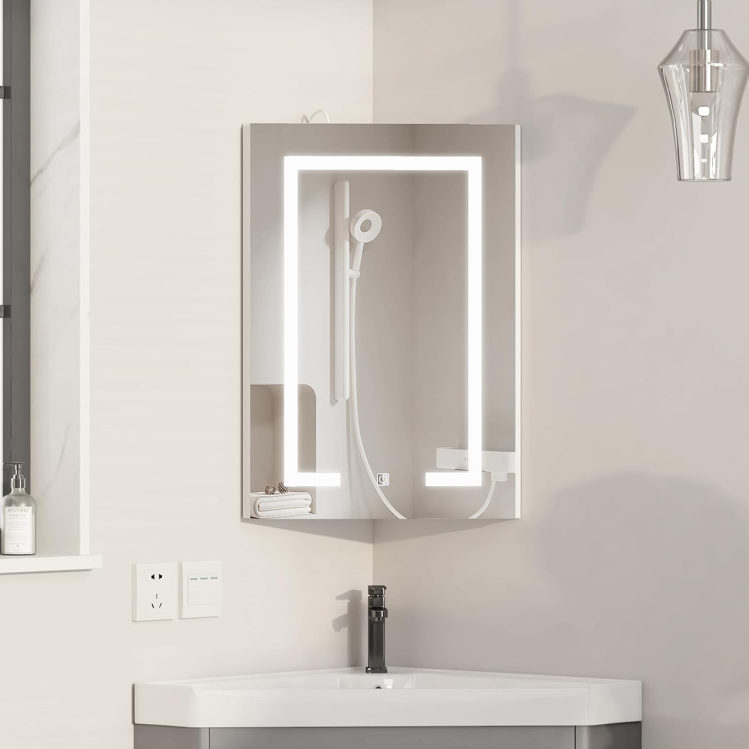 Corner Medicine Cabinet with Mirror,Lighted Medicine Cabinet with 2 Storage Shelf, 24' Bathroom Mirror Cabinet,Wall Mounted,Opens Right to Left,White,24' x16'