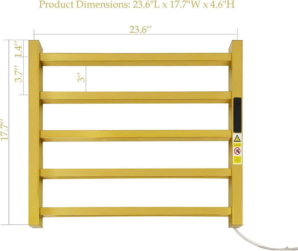 Luxury Heated Towel Rack Wall Mounted Towel Warmers, 5 Bars Towel Warmer Rack for Bathroom with Timer & Temperature Multi-Level Adjustable, Hardwired and Plug-in Compatible (Brushed Gold)