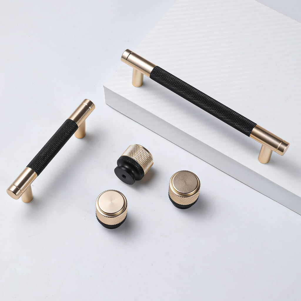 50 Pack 3 Inch 76 mm Bar Cabinet Pulls Gold and Black Knurled Handles for Brushed Gold Drawer Pulls Cupboard Aluminum Handles