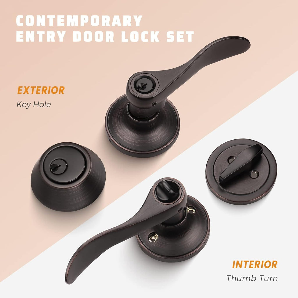 KNOBWELL 3 Pack Entrance Lever Door Handle Exterior Door Handle Single Cylinder deadbolt Set Keyed Alike Combo Locking Door Lever, Oil Rubbed Bronze