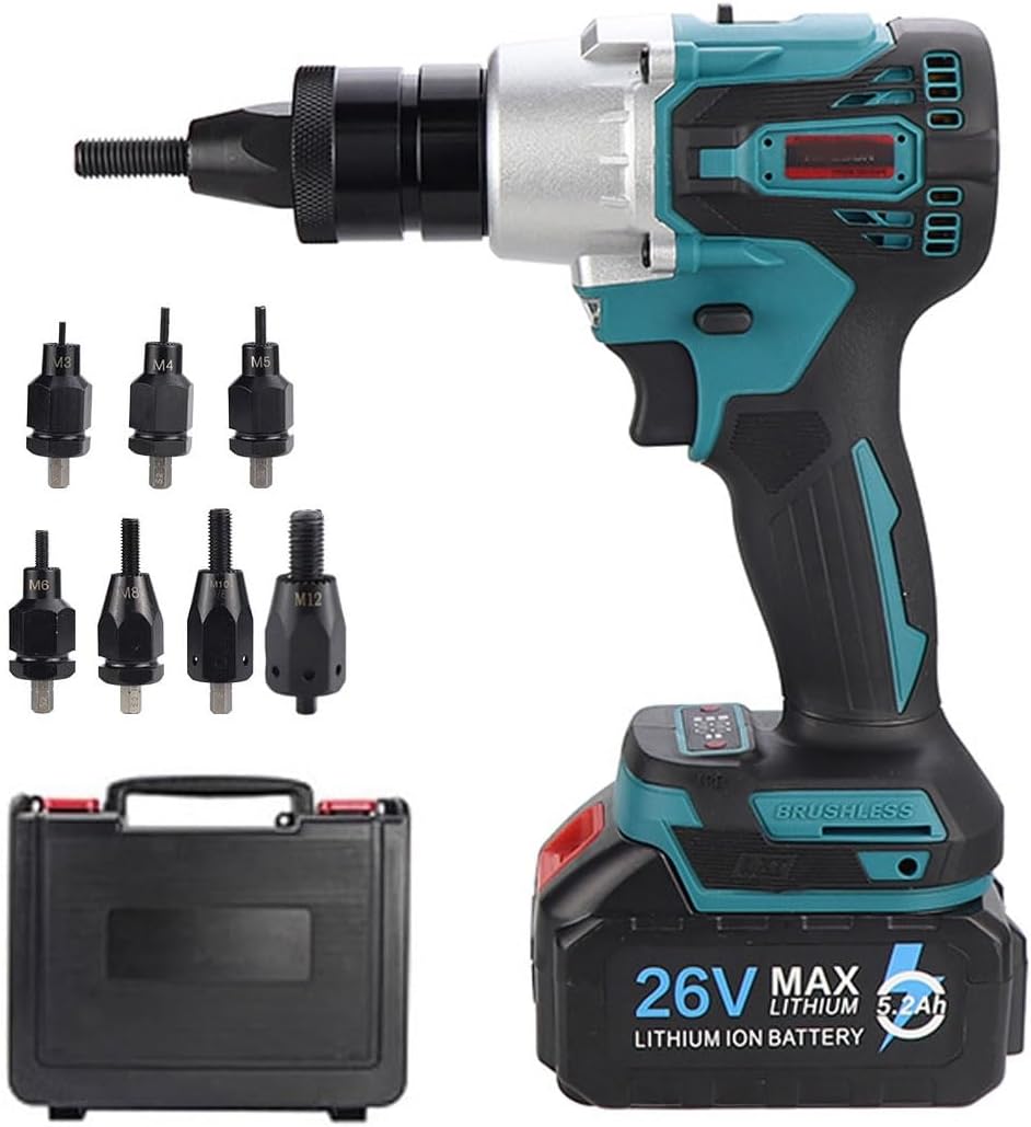 26V Portable Battery Powered Riveter, 2-in-1 Cordless Rivet Nut Gun Set, Battery Powered Pop Rivet Insert Installation Tool, Electric Rivet Nut Gun for M3 M4 M5 M6 M8 M10 M12(2200mAh,1Battery)