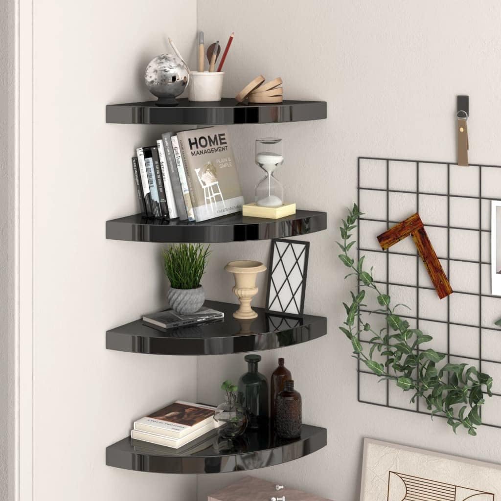 4pcs Floating Corner Shelves, Wall Mounted Corner Storage Display Shelving for Bathroom, Bedroom, Living Room, Kitchen, High Gloss Black 13.8'x13.8'x1.5' MDF -AA