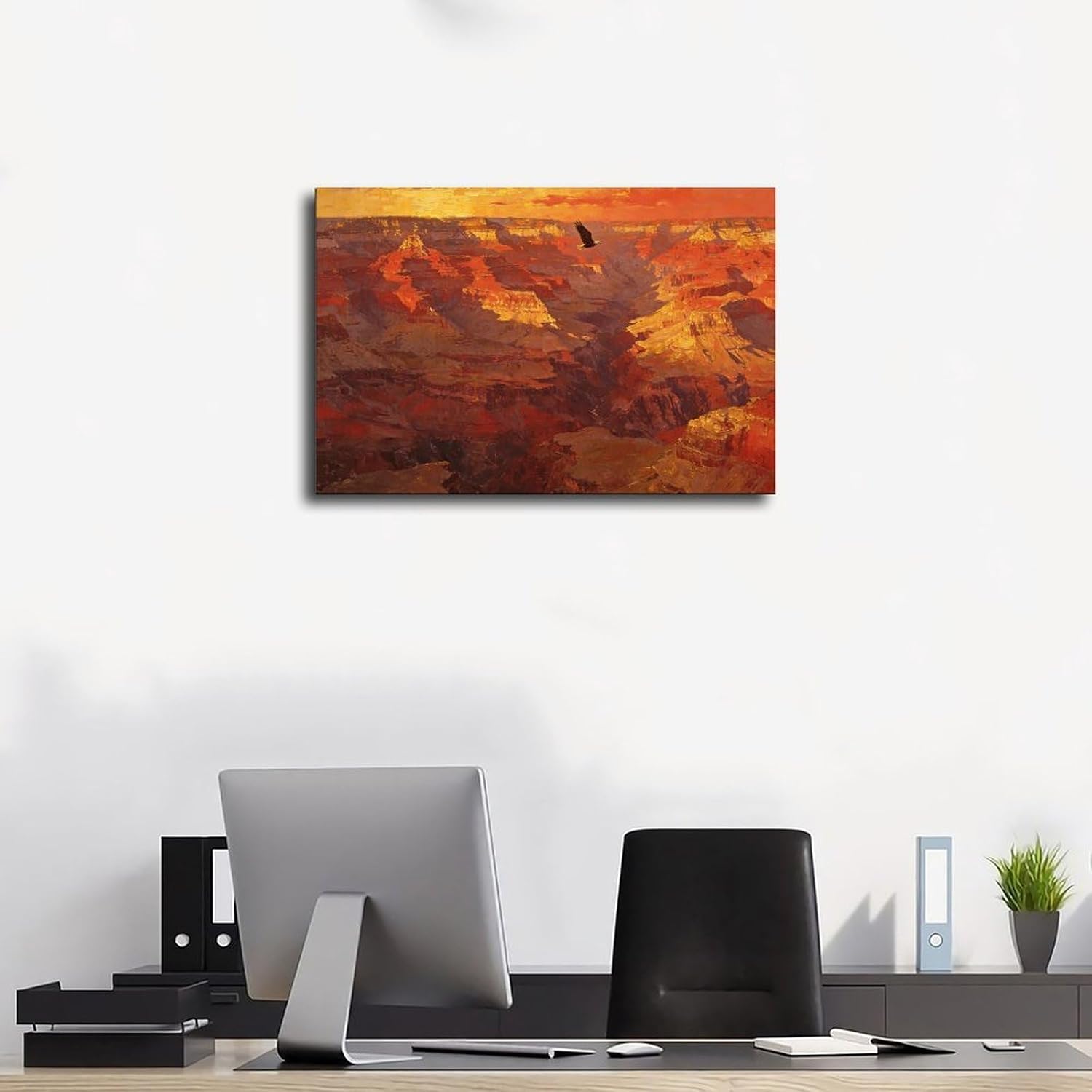 Canyon Sunset Landscape Wall Art Print, Dramatic Red Rock Vista with Soaring Eagle Painting Poster for Home Office Decor 24x36inch(60x90cm)