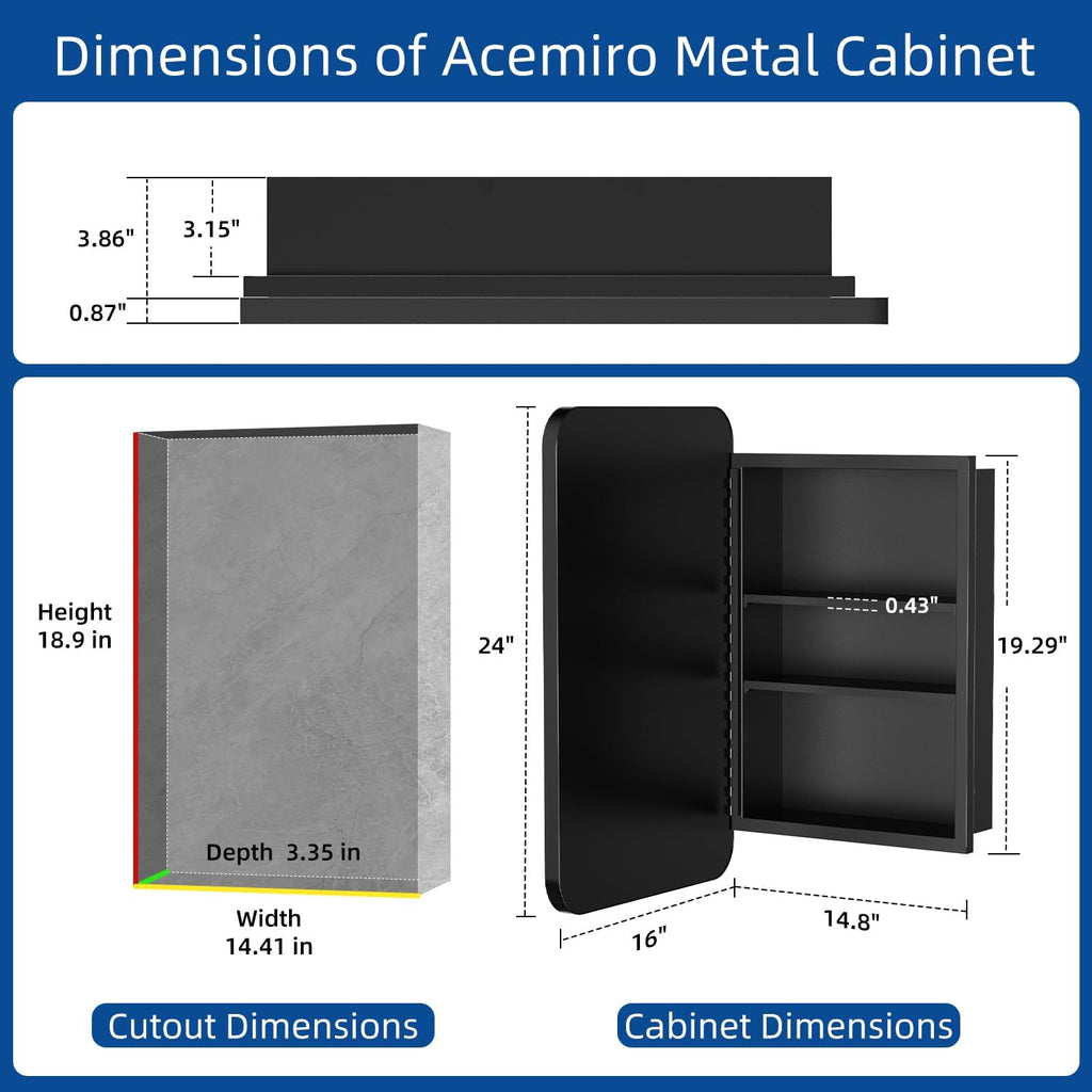 ACEMIRO 16x24 Inch Black Mirror Medicine Cabinet Metal Framed Recessed Wall Mounted Bathroom Medicine Cabinet with Mirror and Storage
