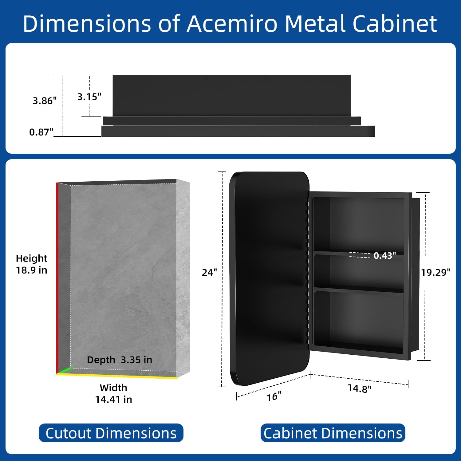 ACEMIRO 16x24 Inch Black Mirror Medicine Cabinet Metal Framed Recessed Wall Mounted Bathroom Medicine Cabinet with Mirror and Storage