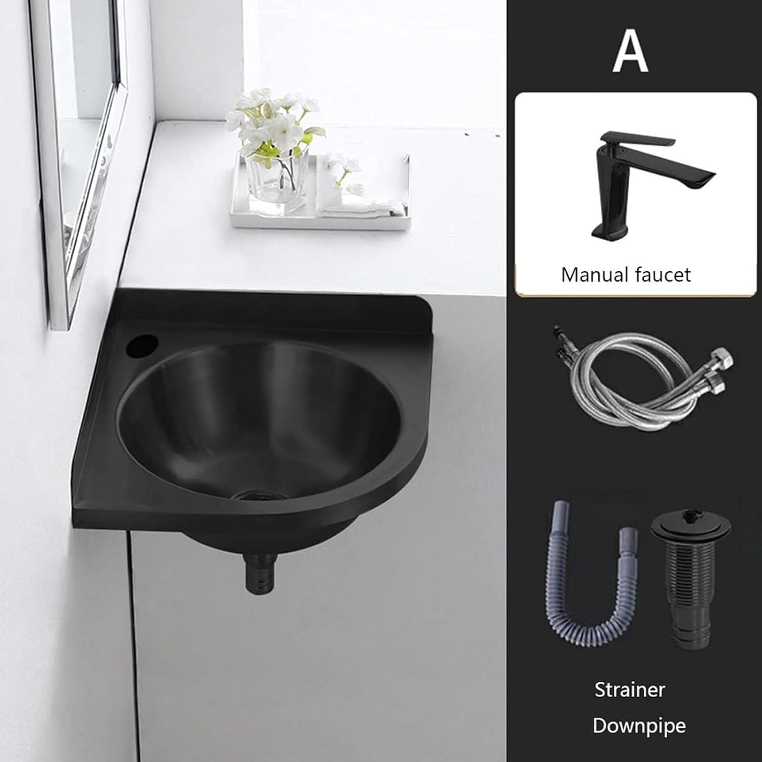 Single Bowl Sink, Stainless Steel Wall Mounted Wash Basin, Kitchen Sink Basin Small Sink Corner for Washing Food Prep, with Faucet Inlet Pipe (Color : Black, Size : C(32x32x45cm)) (Black E(32x32x