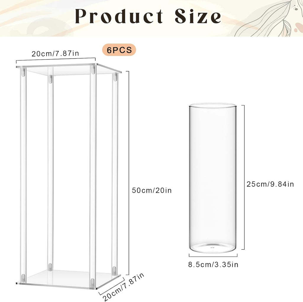Sieral 6 Sets 20''Tall Clear Acrylic Flower Vase Wedding Centerpieces Flowers Stand with Glass Candle Holders Cylinder Vases, Transparent Flower Vases for Table Centerpiece Wedding Home (Large)