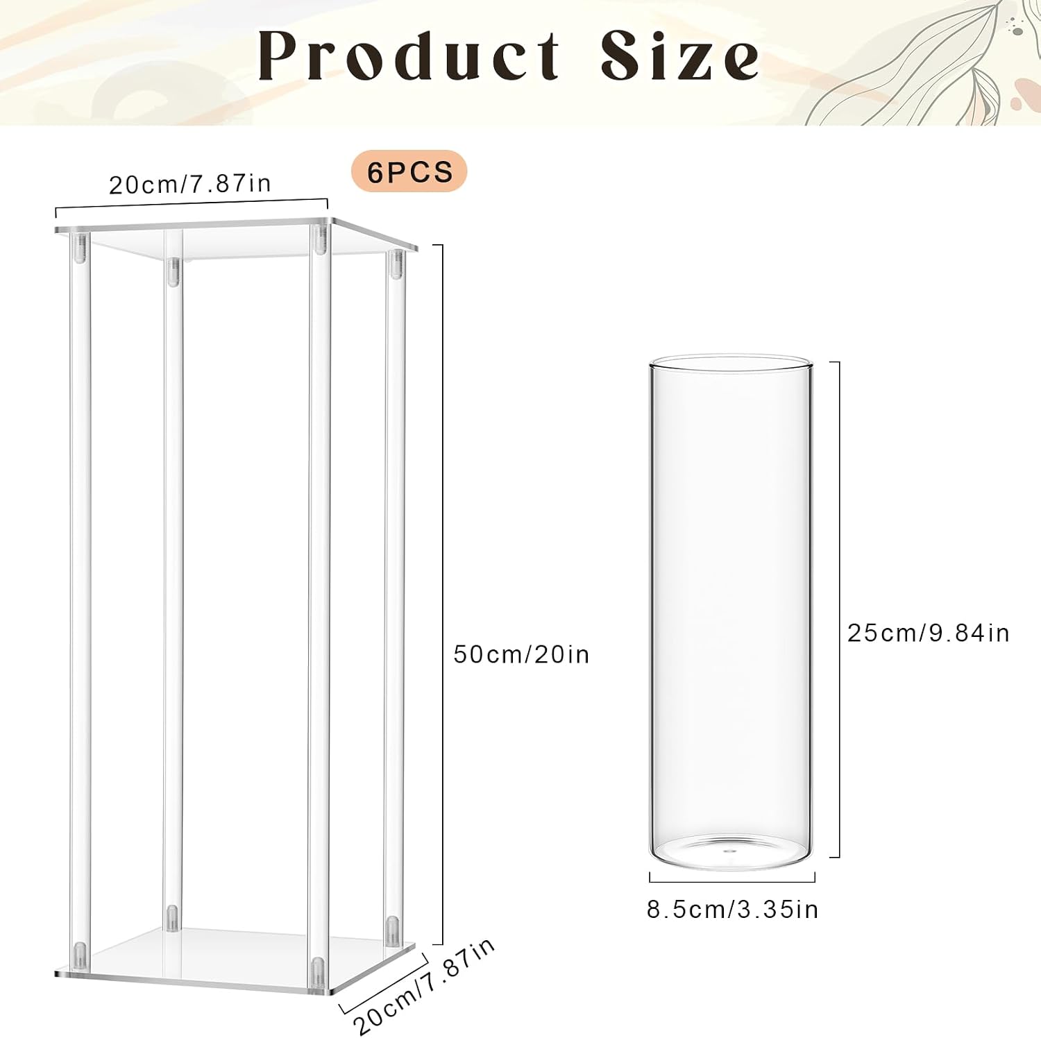 Sieral 6 Sets 20''Tall Clear Acrylic Flower Vase Wedding Centerpieces Flowers Stand with Glass Candle Holders Cylinder Vases, Transparent Flower Vases for Table Centerpiece Wedding Home (Large)