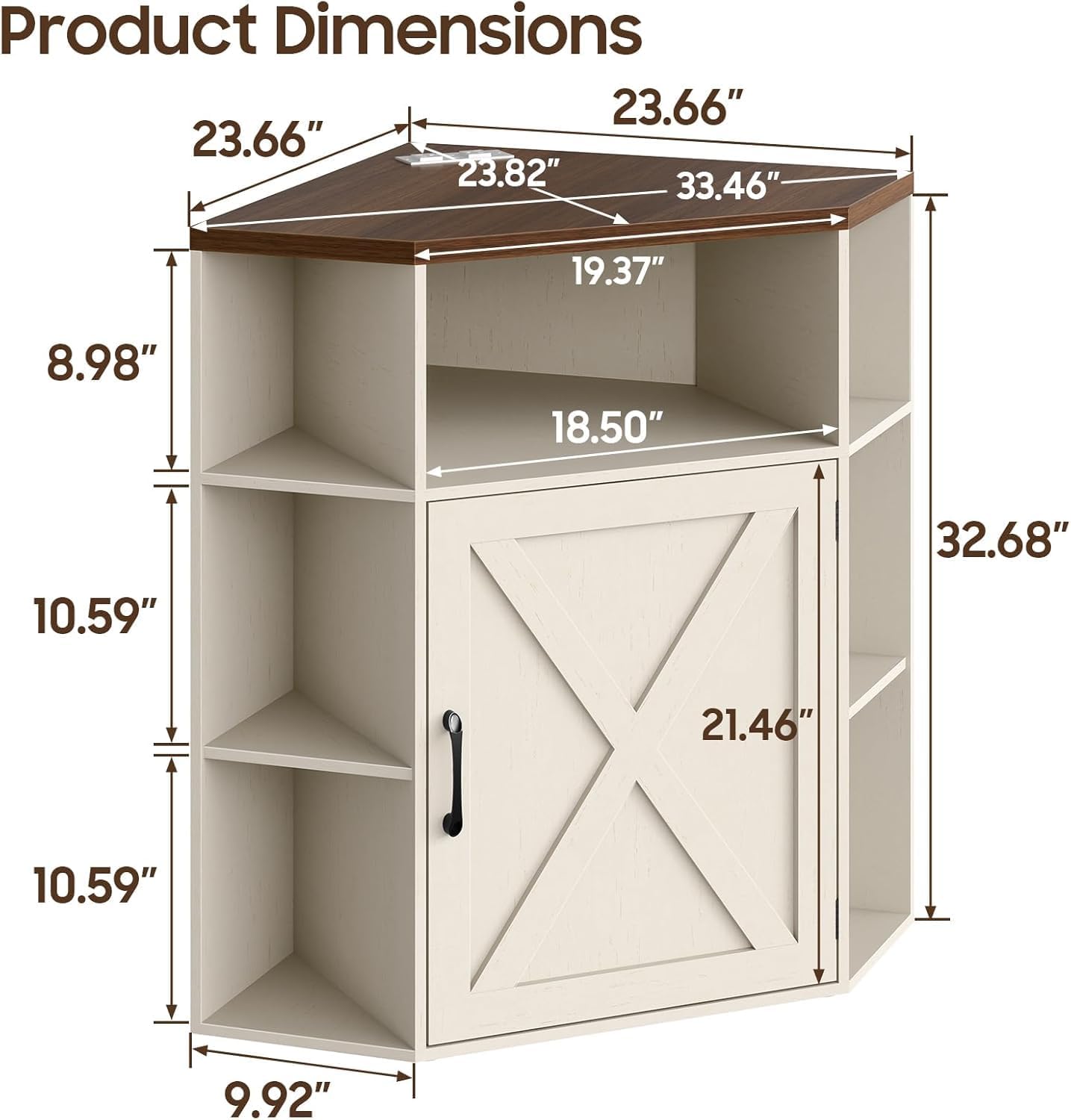 Halitaa Corner Storage Cabinet, 6-Cubby Wooden Cabinet with USB Ports and Outlets, Farmhouse Corner Bookshelf with Storage Industrial Organizer for Study, Playroom, Living Room, White and Brown