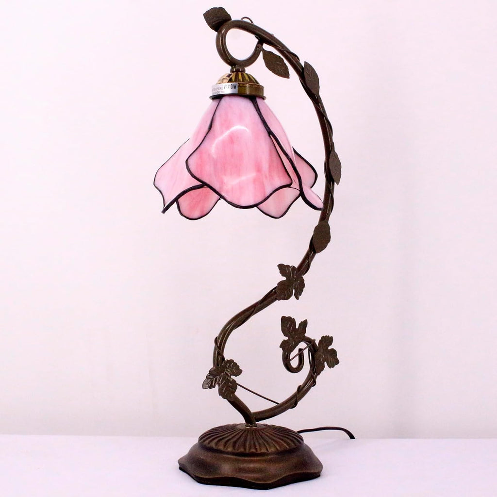 WERFACTORY Tiffany Lamp Pink Stained Glass Table Lamp, Metal Leaf Table Desk Reading Light 8X10X21 Inches Decor Small Space Bedroom Home Office S701 Series