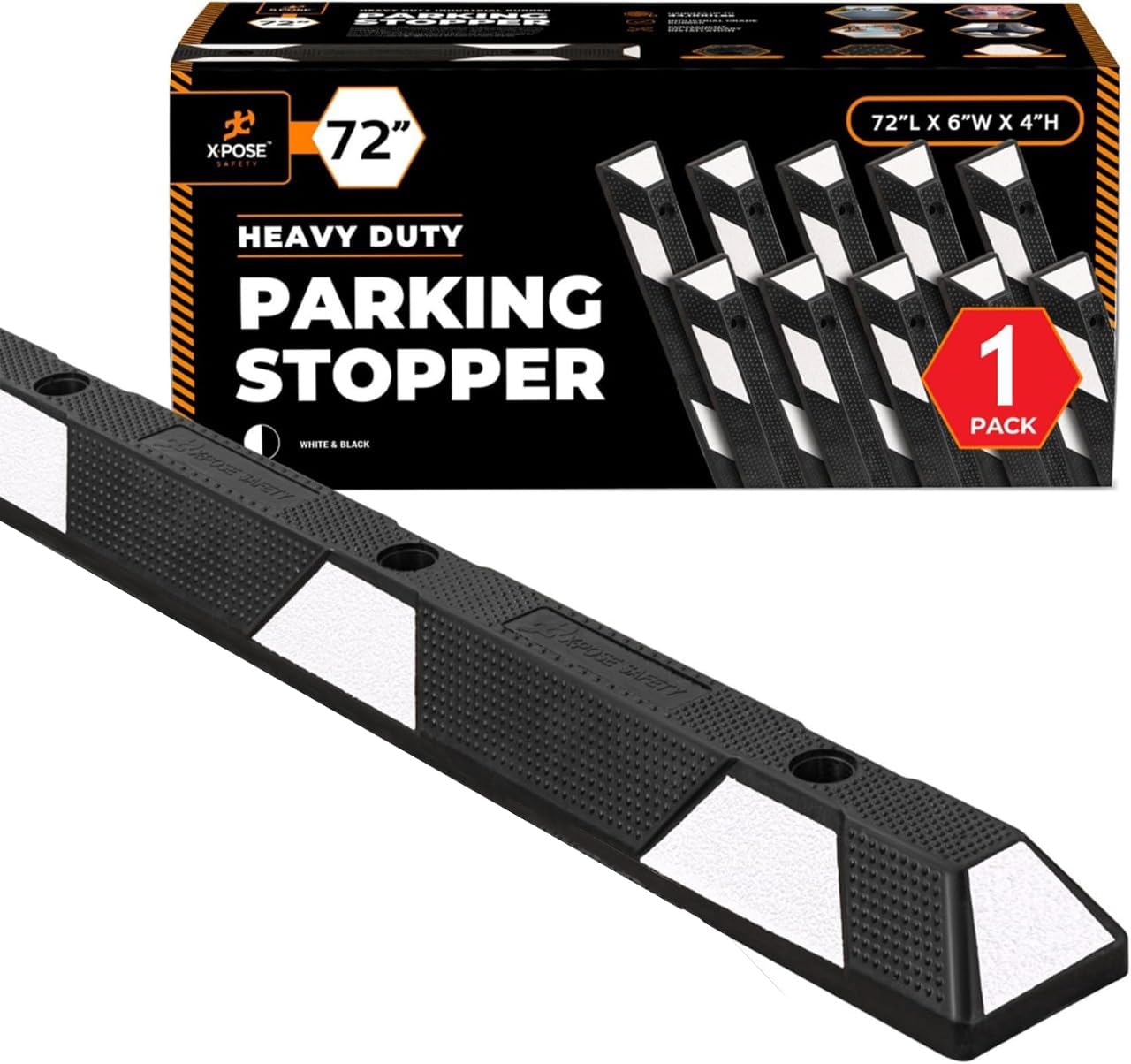 Xpose Safety 72' Heavy Duty Rubber Parking Stopper – 1 Pack Wheel Blocks for Garage, Driveway, or Ramp – Car Bumper Stop with White Reflective Strips – Removable Floor Mount