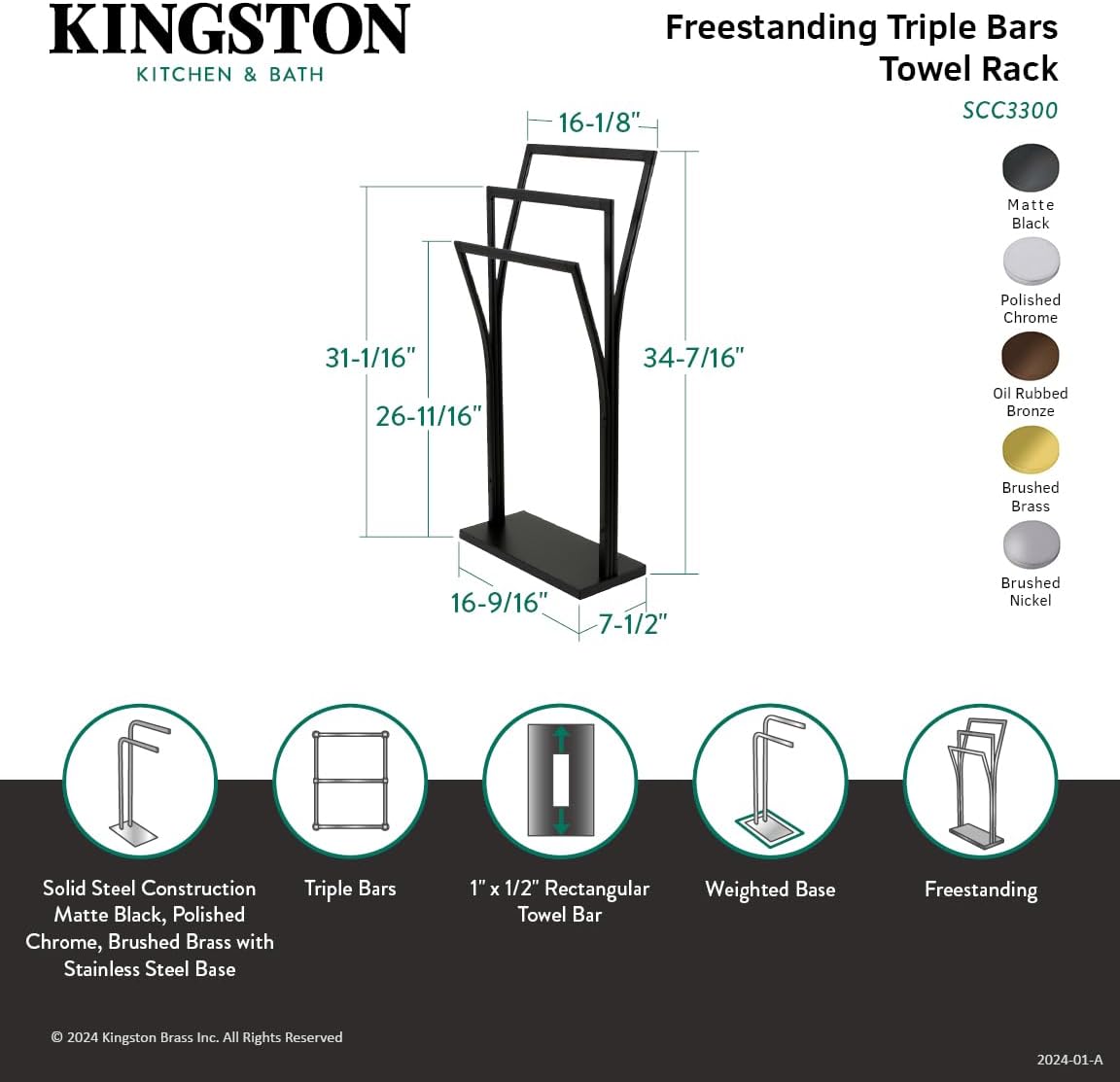 Kingston Brass SCC3307 Edenscape Freestanding Y-Style Towel-Rack, Brushed Brass 16.56 x 9.88 x 34.44