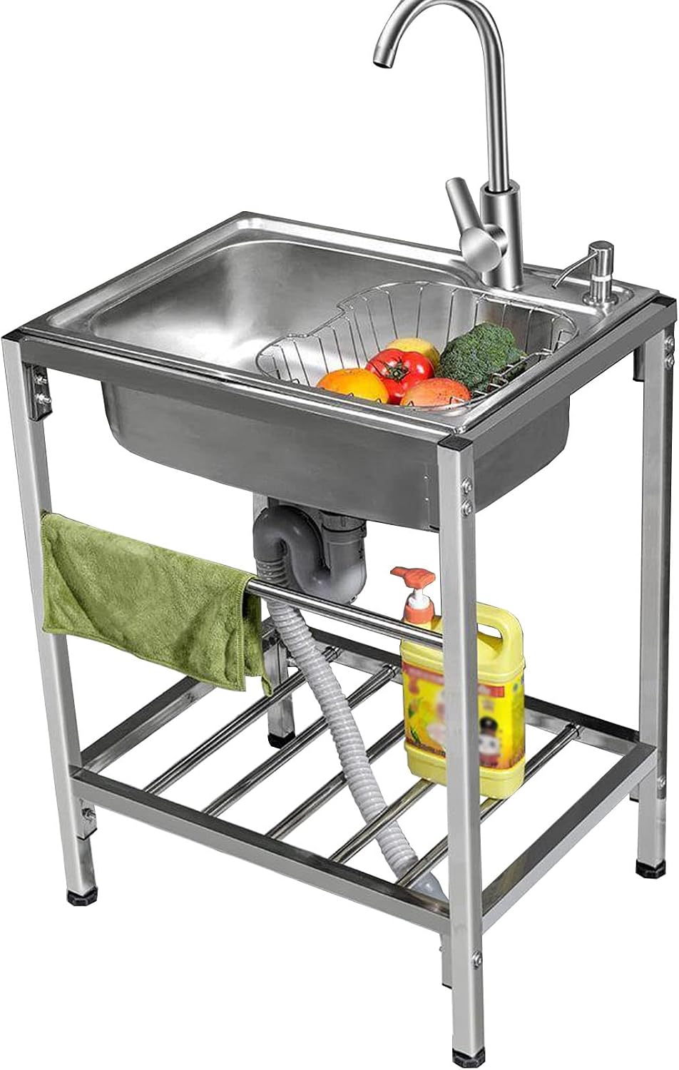 Free Standing 1 Compartment Single Bowl Sink Stainless Steel Commercial Kitchen Prep Utility Sink with Faucet and Storage Shelves, Fit for Restaurant Kitchen