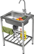 Free Standing 1 Compartment Single Bowl Sink Stainless Steel Commercial Kitchen Prep Utility Sink with Faucet and Storage Shelves, Fit for Restaurant Kitchen
