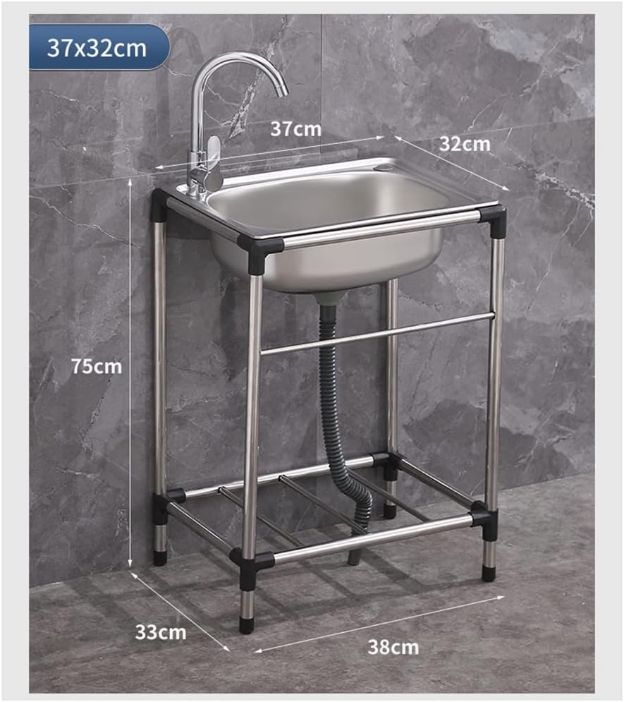 Free Standing Stainless Steel Single Bowl Sink with Faucet, Prep & Utility Washing Hand Basin W/Storage Shelves (Restaurant, Kitchen, Laundry, Garage) (Color : Silver, Size : 68x44cm) (Silver 37x