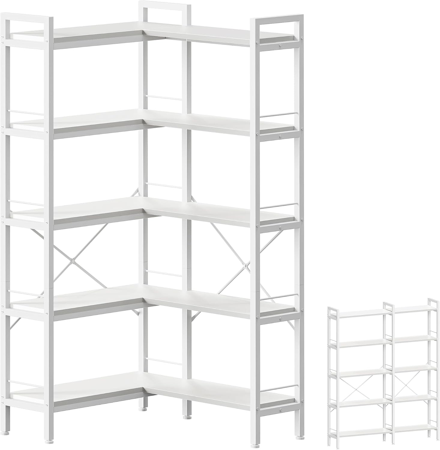 Huuger 5 Tier Bookshelf, L Shaped Corner Bookshelf with 10 Open Shelves, 49.4 Inch Straight Wide Bookcase with Metal Frame and Wooden Board, Adjustable Feet, White