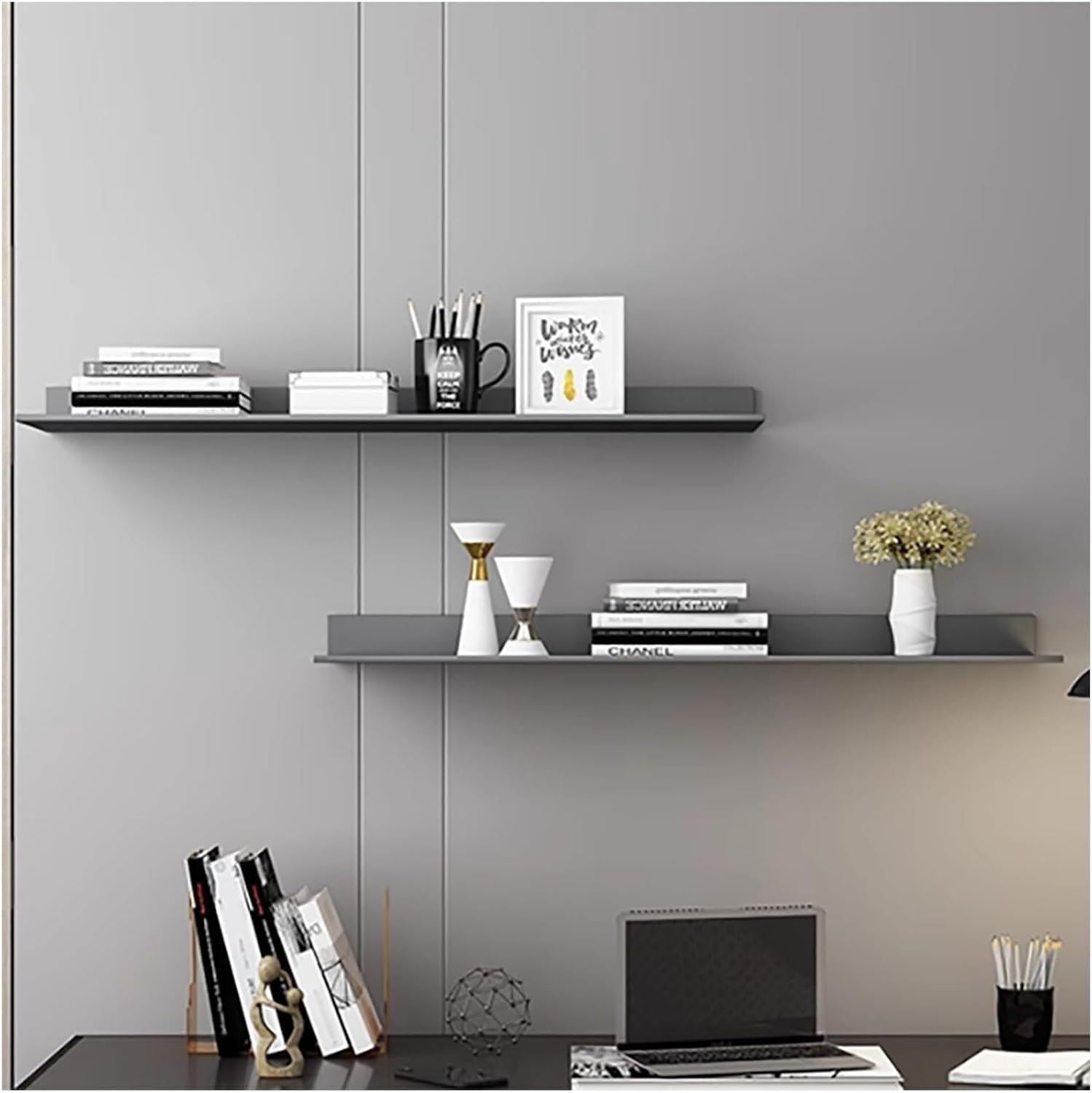 1 Tier L-Shape Illuminated Wall Shelf Built-in LED,Aluminum Alloy Display Stands,Floating Shelves Wall Mounted,Light Creative Metal Display Shelve for Home (Grey 60cm/23.62in)