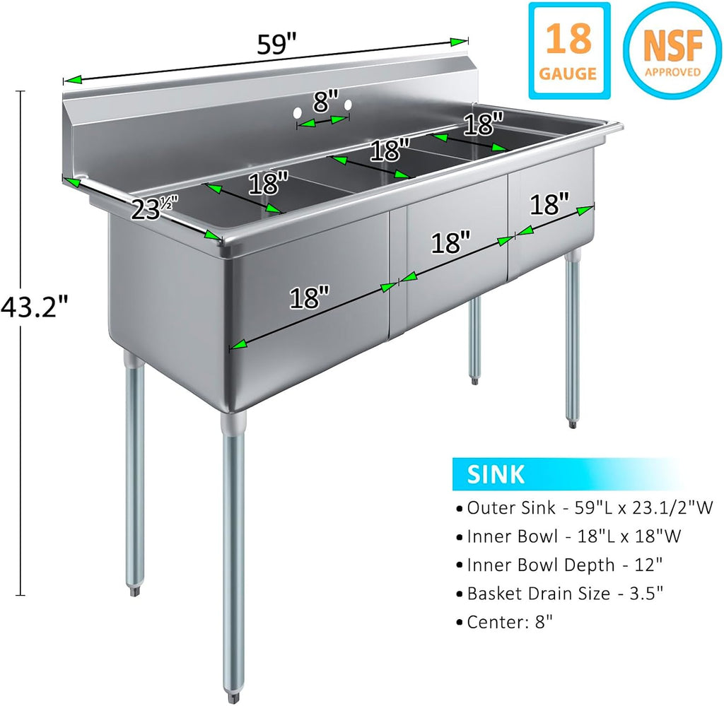 59' x 24' Three Compartment Stainless Steel Commercial Kitchen Prep & Utility Sink | Bowl Size 18' x 18' x 12' | NSF Certified (Size 18' x 18' x 12')