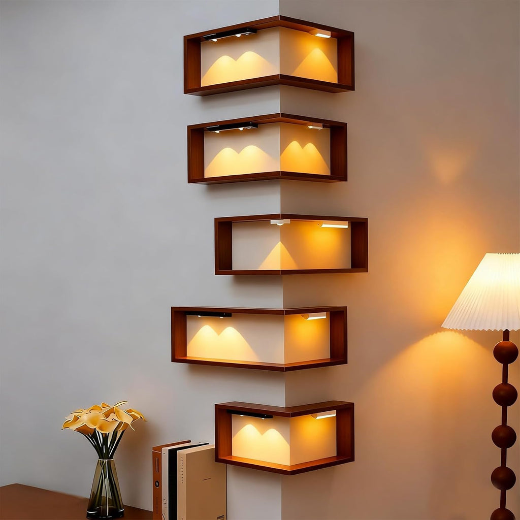 Smart Corner Shelves That Light Up Your Space, Floating Shelves with Led Lights, Floating Shelf with Light, Wooden Corner Shelves, with Lamp & Display Rack, for Display & Decor (With Lights-5PCS)