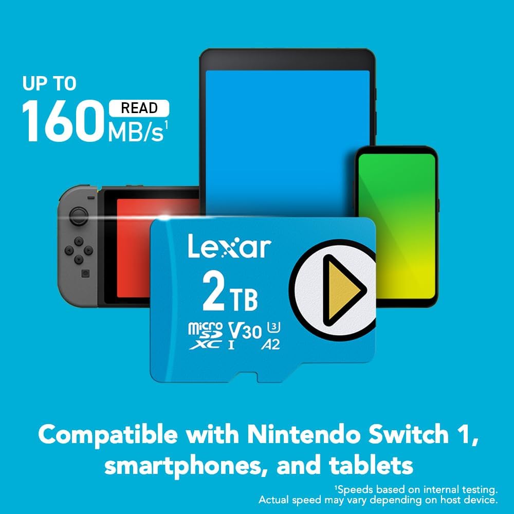 Lexar 2TB Play Blue Micro SD Card, UHS-I, C10, U3, V30, A2, 4K, Up to 160MB/s microSDXC Memory Card, Expanded Storage for Nintendo-Switch 1, Gaming Devices, Smartphones, Tablets (LMSPLBL002T-BNNNU)